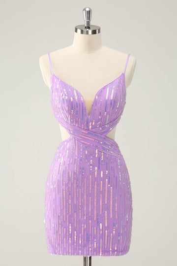 Vestido corto de regreso a casa con cuello en V ajustado de lentejuelas púrpura brillante